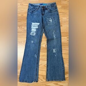 Delia’s Y2K Distressed Patchwork Bootcut Jeans Size 7 Vintage 2000s Low Rise